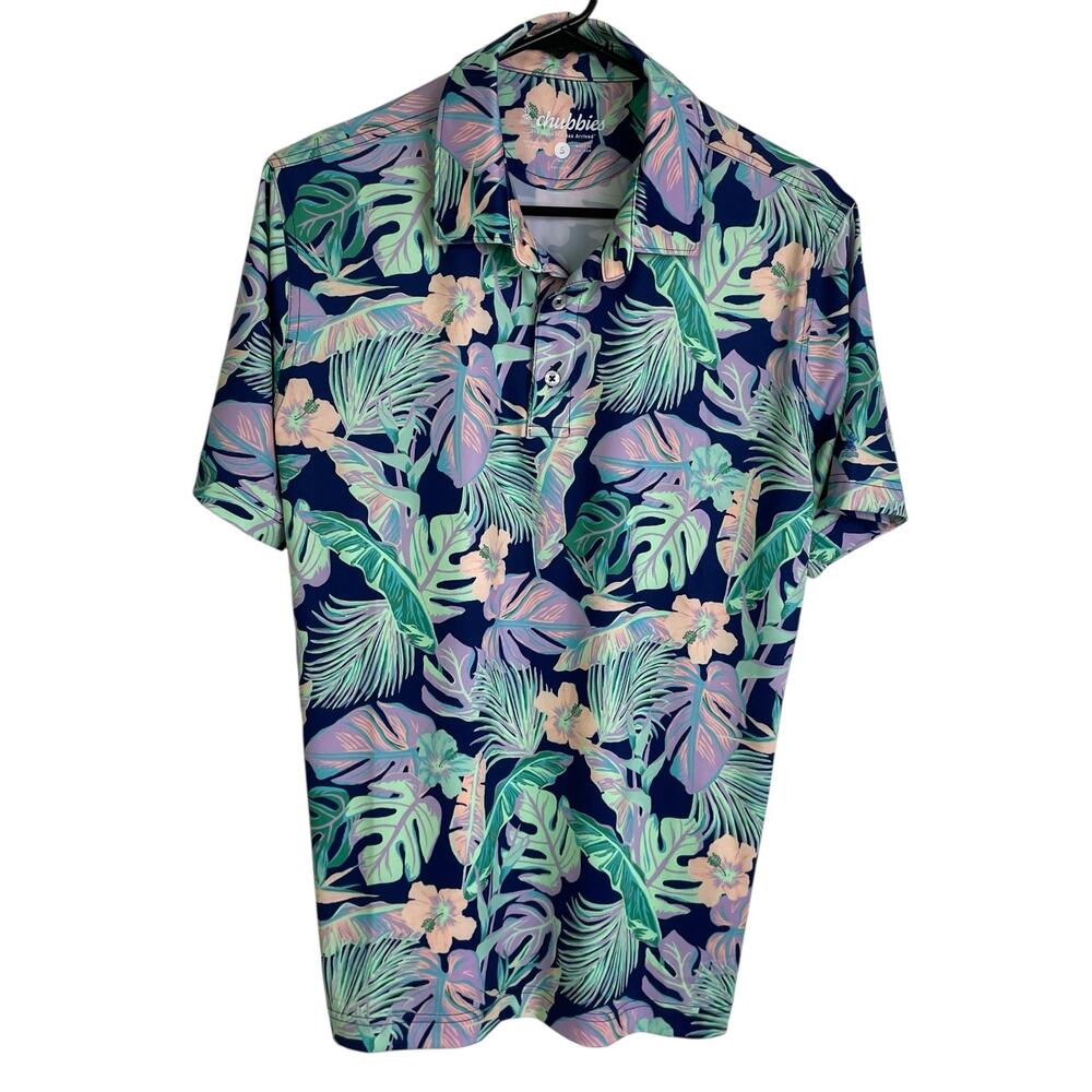 Chubbies Polo Shirt Mens Small Green Performance Floral Night Fauna Tropical